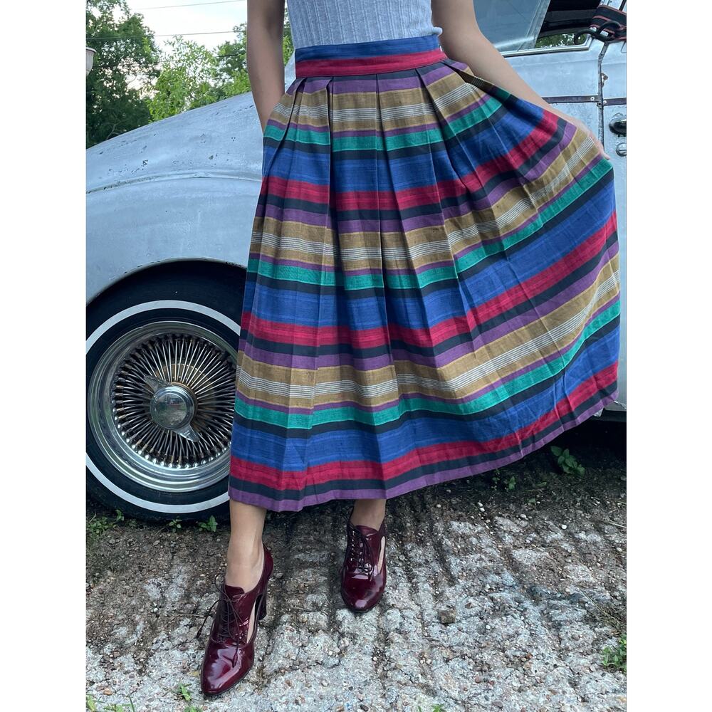 🔥Vintage Liz Claiborne Linen Blend Rainbow Pleated Midi Skirt Cottage Academia